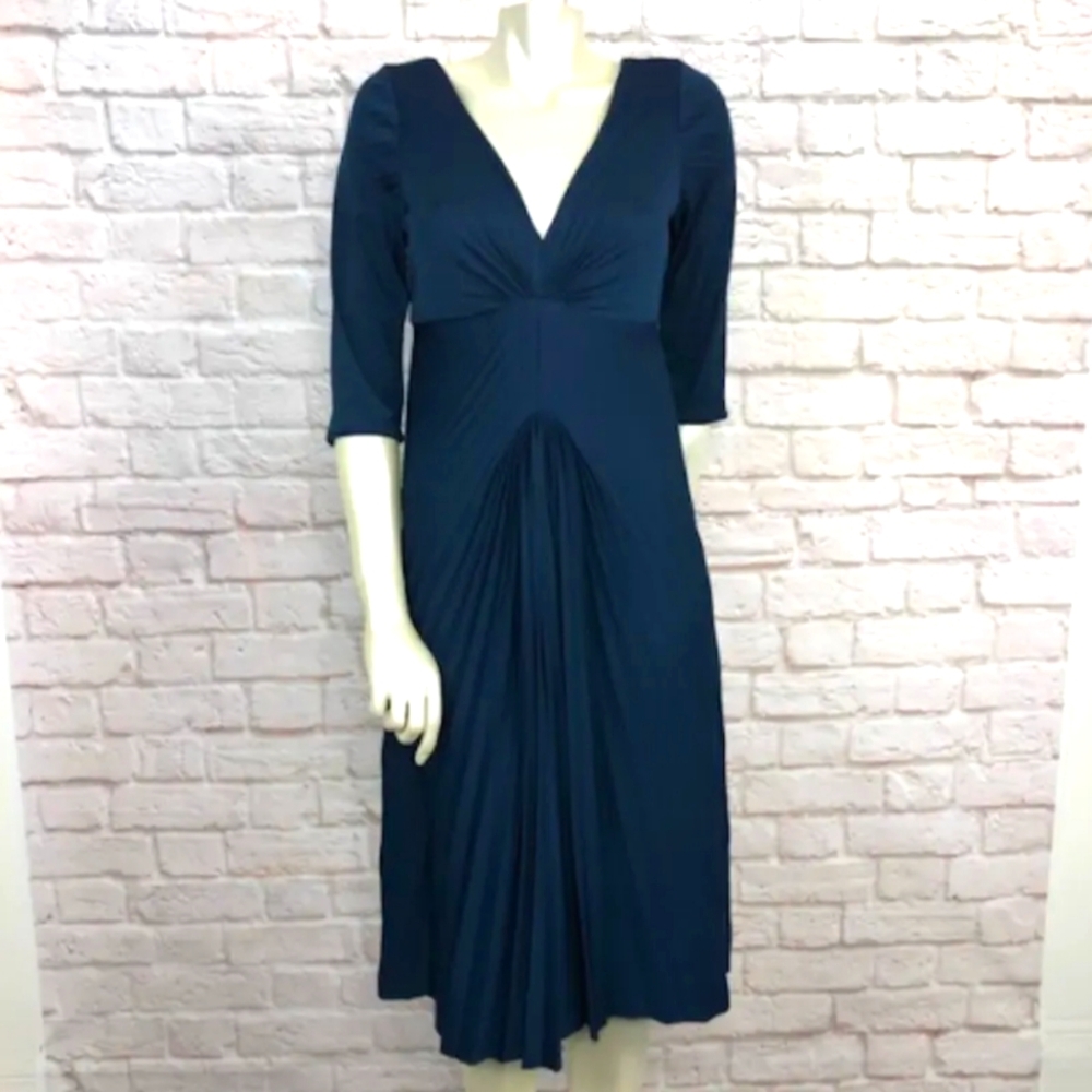 Max Azria Gold Label Navy Blue Accordion Pleat Knee Length Dress 3/4 Sleeve- M/L